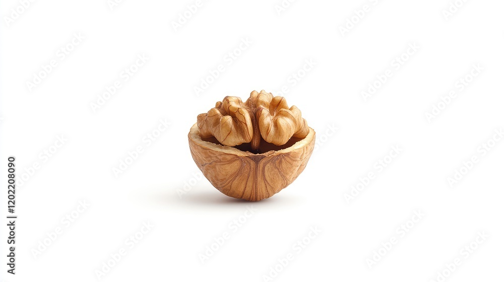 Poster Walnut shell with half of walnut inside on white background with Copy Space
