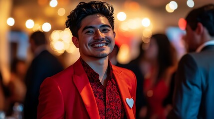 Sophisticated entrepreneur in red clothing smiling with a heart-shaped badge at a formal gathering