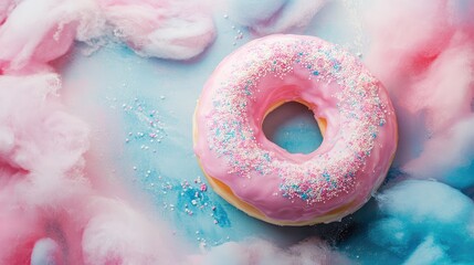 Fototapeta premium Pink frosted donut with colorful sprinkles on a fluffy cotton candy background and pastel colors Copy Space