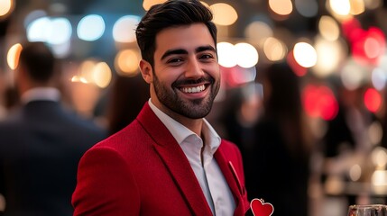 Sophisticated entrepreneur in red clothing smiling with a heart-shaped badge at a formal gathering