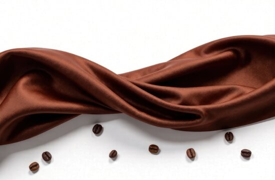 coffee beans on brown silk fabric, scattered beans on white surface, blurred light brown background - coffee shop, bean supplier