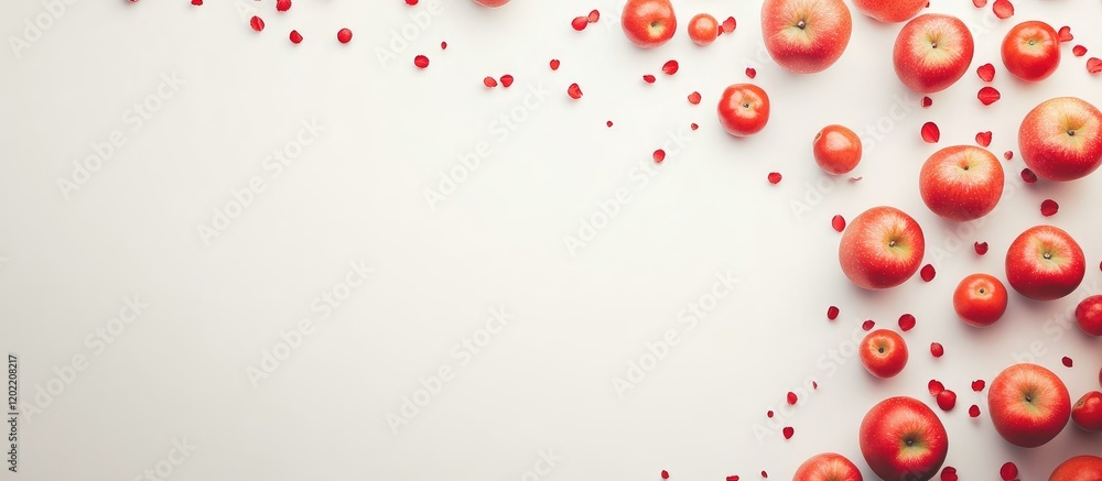 Fototapete fresh red apples on a light background with scattered cherry tomatoes and copy space for text
