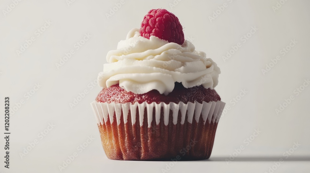 Poster red velvet cupcake with cream cheese frosting and fresh raspberry on top against a plain background 