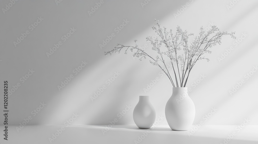 Poster minimalist white vases with dry flowers on a clean surface and light shadows copy space