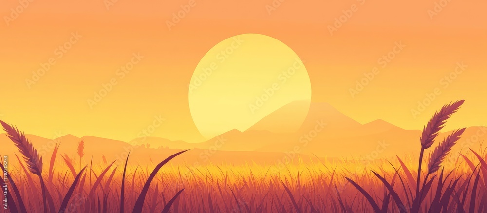 Poster Sunset over Mountains with Wheat Field Silhouette and Copy Space for Text