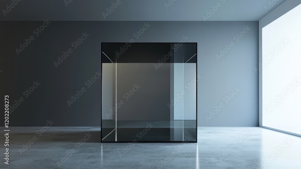 Poster modern minimalist black glass display box in empty room with spacious gray walls and natural light c