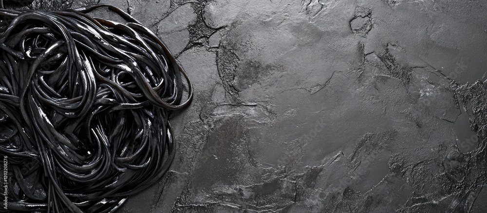 Poster raw black pasta on dark textured background with copy space for food-related text or branding.