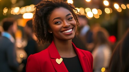 Sophisticated lady in a red blazer smiling with a heart-shaped badge at a formal gathering