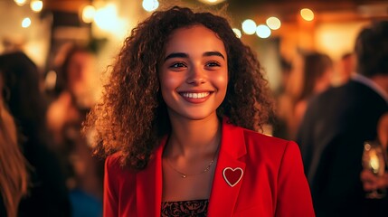 Sophisticated lady in a red blazer smiling with a heart-shaped badge at a formal gathering