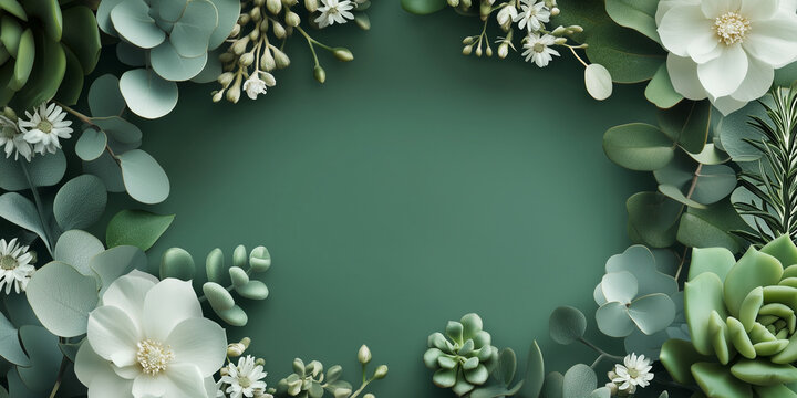 Floral border with white flowers, green leaves, eucaliptus and succulents. Space for text. Banner or flyer sale template

