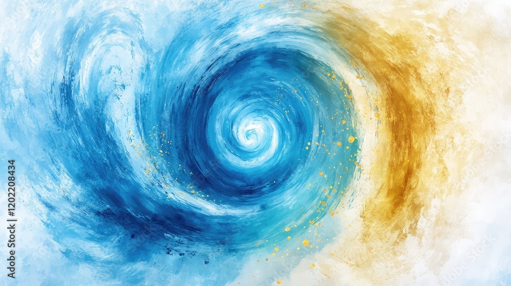 Poster Colorful abstract swirl pattern with blue and gold tones blending smoothly, featuring a vortex design and copy space for text.