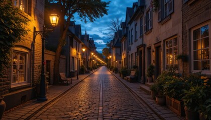Fototapeta premium Ancient European architecture lines the narrow, dimly lit street of an old town at night