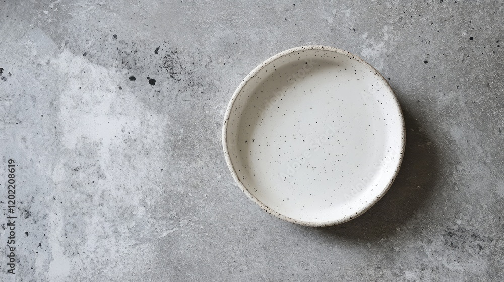 Poster ceramic plate with speckled design on textured concrete background with copy space