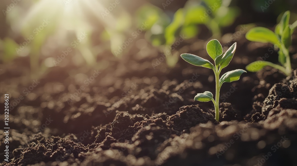 Poster seedling emerging from soil with sunlight in background showcasing growth and renewal copy space