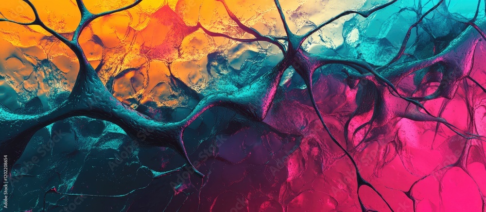 Poster Abstract colorful neural network structure with vibrant orange and teal tones, featuring intertwining branches and organic shapes, Copy Space.