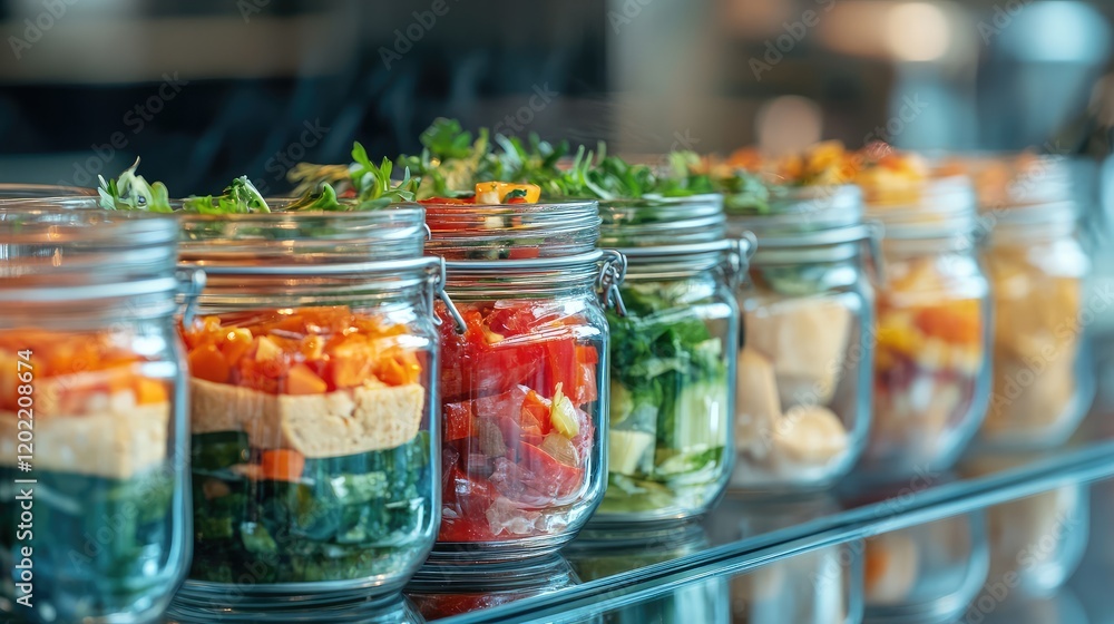 Poster fresh vegetable jars arranged in a row on a glass shelf with copy space for text