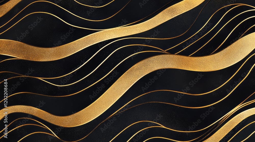 Poster abstract black background with wavy golden lines creating a modern texture design copy space