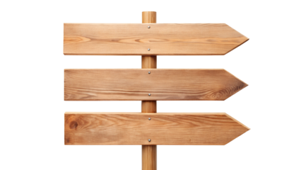 Wooden arrow-shaped signpost with blank wooden planks on a grassy base, isolated on a white background