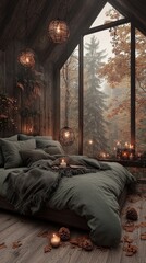Minimalist modern interior design concepts, Cozy bedroom with a large window showcasing autumn scenery and warm lighting.