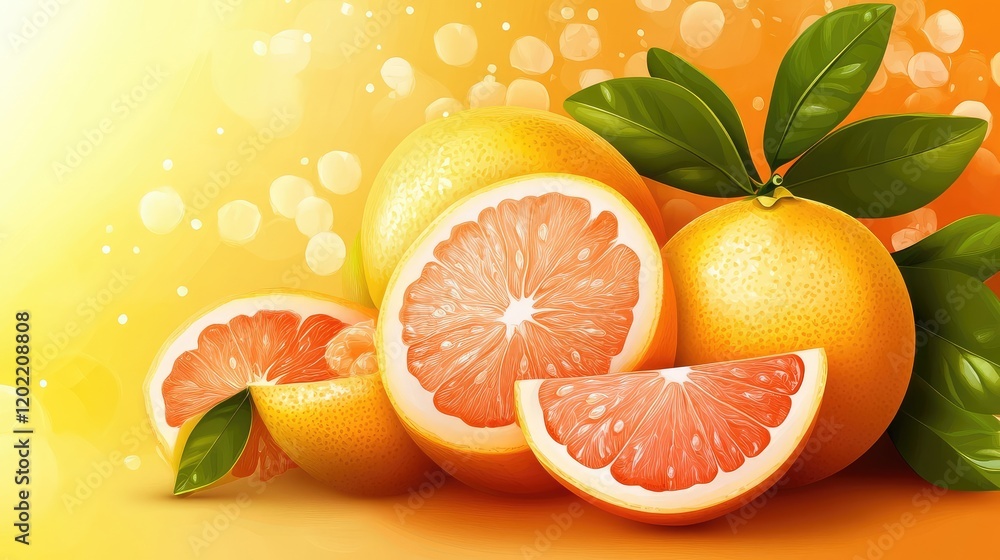 Poster fresh oranges and grapefruit slices on a vibrant yellow background with copy space for text.