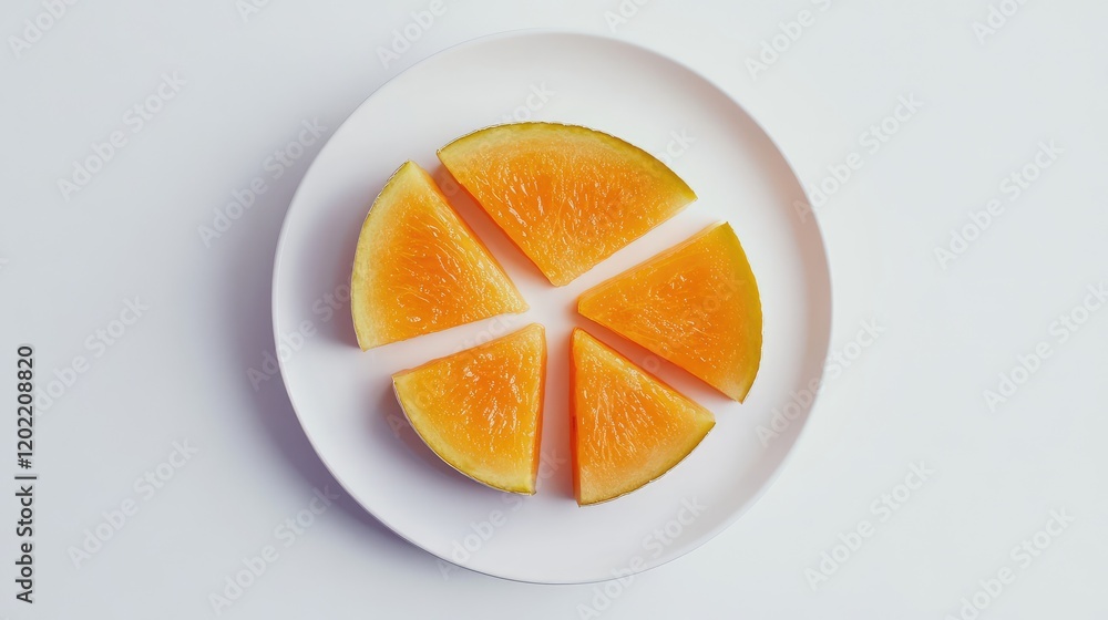 Poster sliced orange melon pieces arranged on white plate with copy space for design and text placement