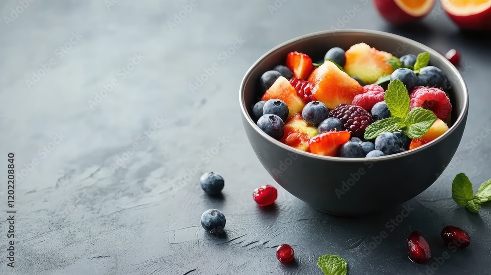 Poster fresh fruit salad in a gray bowl with blueberries raspberries and melon on a dark textured backgroun