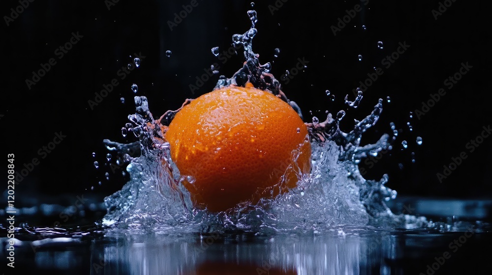 Aufkleber orange fruit splashing into water creating droplets against a dark background with copy space availa