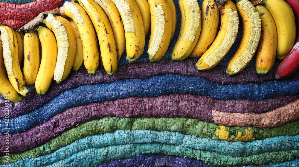 Poster Colorful Textile Background with Fresh Bananas Arranged in a Line and Copy Space Available for Text Overlay