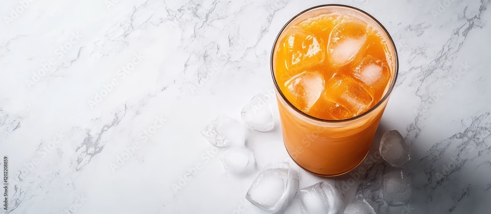 Poster bright orange beverage with ice cubes in a tall glass on a marble countertop with copy space for tex