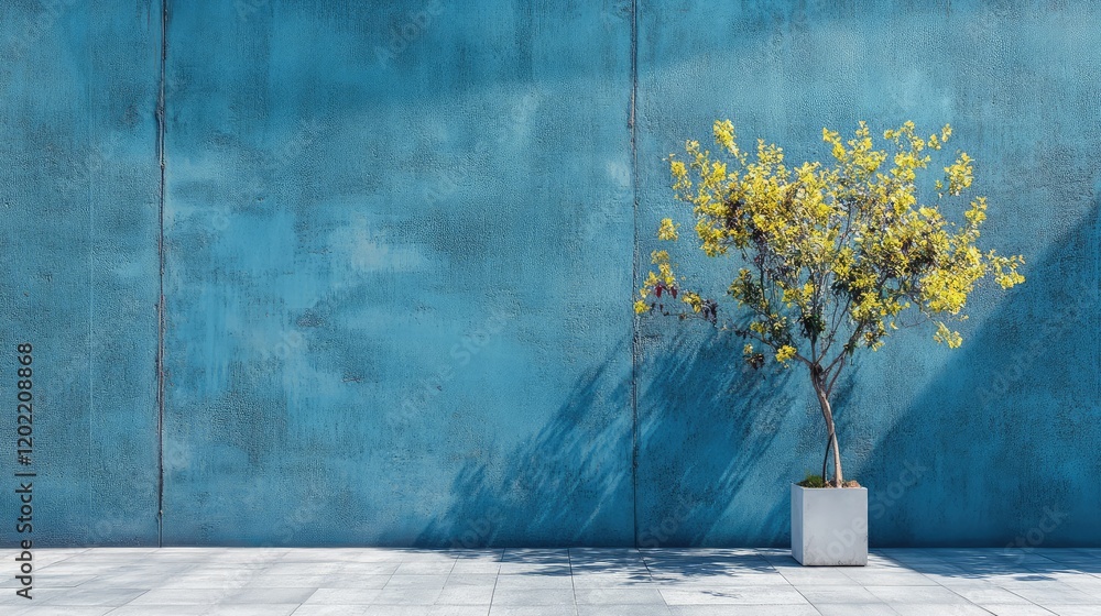 Poster Modern minimalist composition featuring a vibrant tree in a planter against a textured blue wall with clear Copy Space.