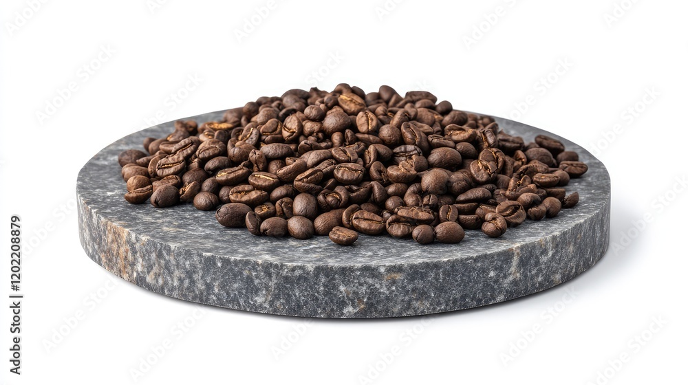 Poster Coffee beans piled on a round dark stone slate isolated on white background with Copy Space for text placement