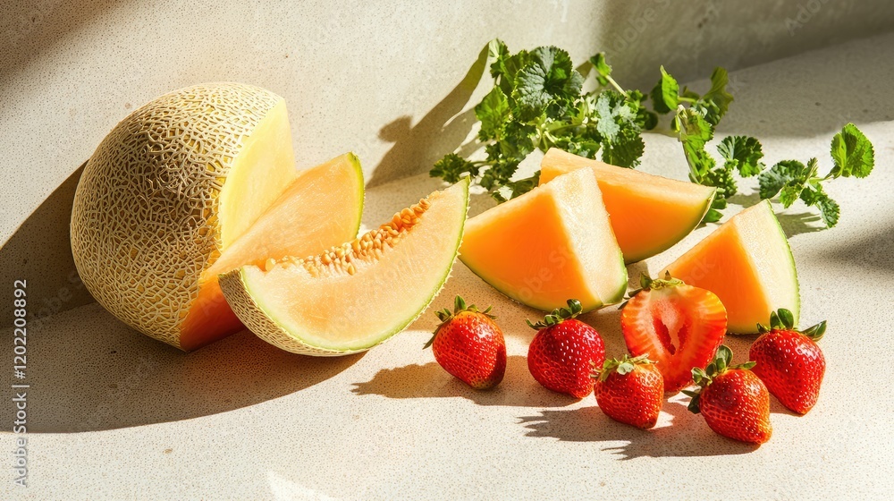 Aufkleber fresh cantaloupe slices and strawberries arranged on light surface with mint leaves and natural sunl