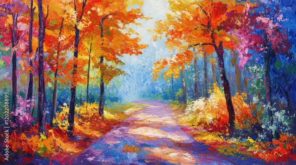 Aufkleber vibrant autumn landscape with colorful trees and a path through the woods showcasing vivid fall foli
