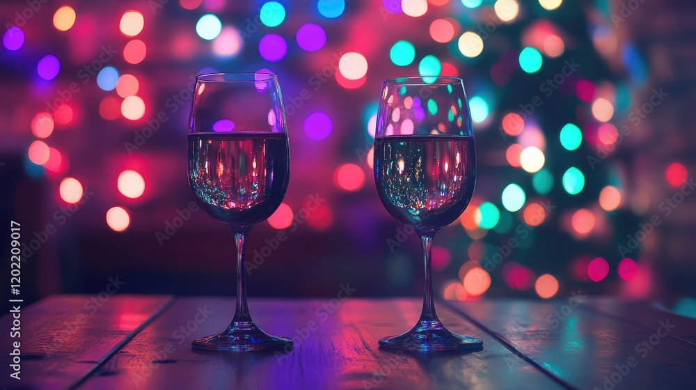 Aufkleber Glasses of red wine on a wooden table with colorful bokeh lights in the background Copy Space