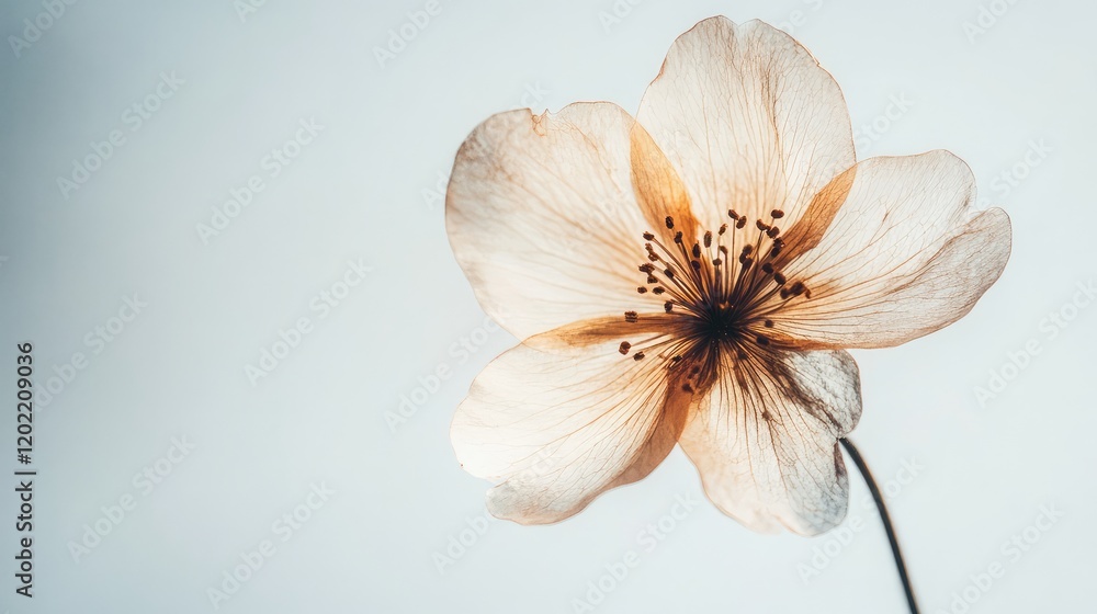 Poster delicate pale flower with soft petals and subtle orange hues on a light background with copy space f