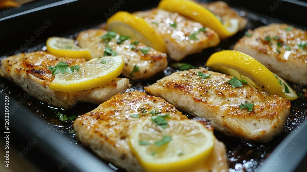 Poster grilled fish fillets garnished with lemon slices and parsley on a black tray with copy space.
