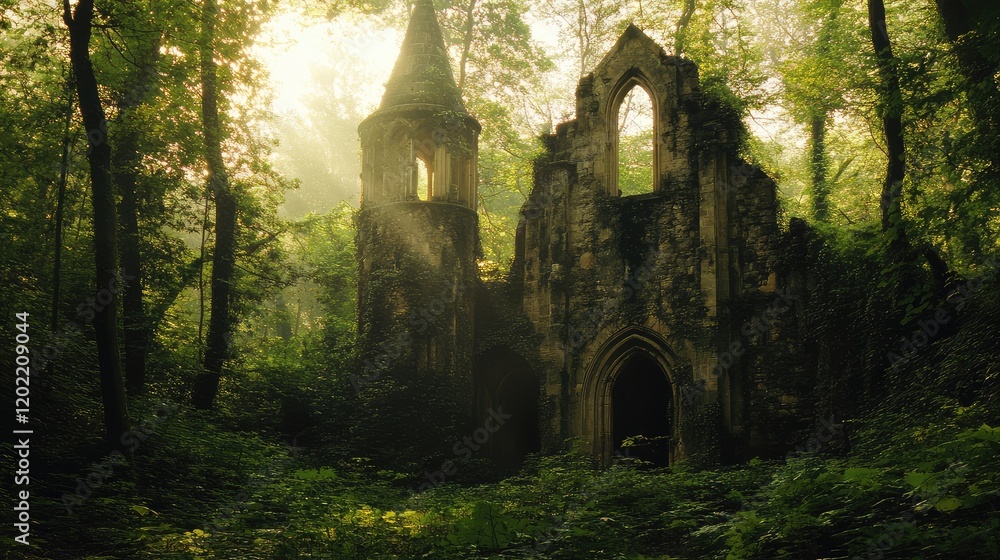 Aufkleber ruins of an abandoned gothic building surrounded by lush green forest with soft sunlight filtering t