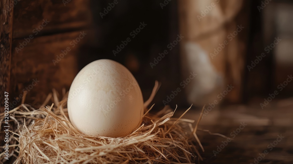 Poster egg resting on straw in rustic wooden environment with soft focus background and natural lighting. c