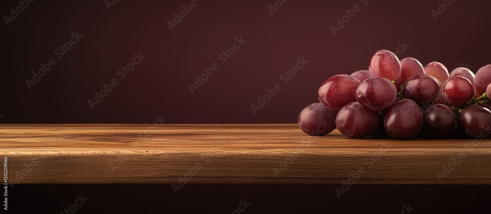 Poster Fresh red grapes on a wooden table with a blurred dark background and ample copy space for text placement