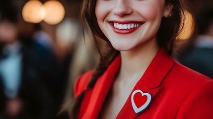 Stylish lady in a red suit smiling with a heart-shaped badge at a formal business event