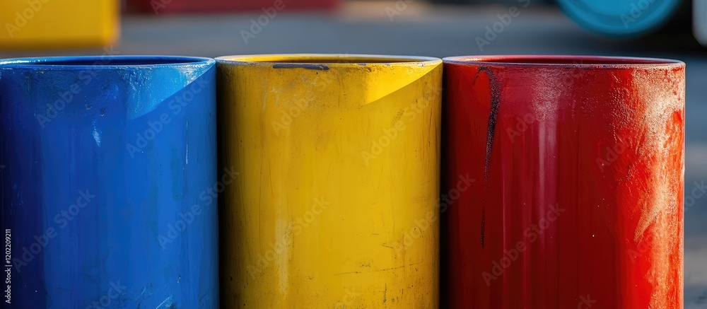Poster colorful cylindrical containers in blue yellow and red on a blurred background with copy space for t