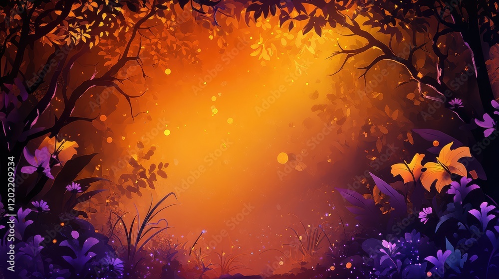 Poster magical forest background with glowing lights and vibrant flowers featuring ample copy space for tex