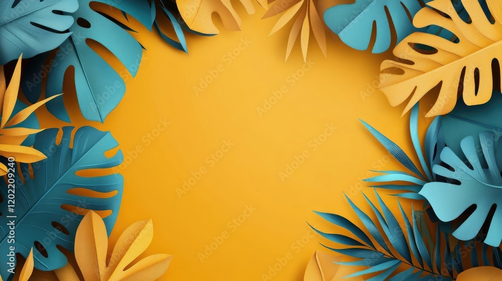 Poster tropical leaves frame on yellow background with copy space for text suitable for summer themes and n