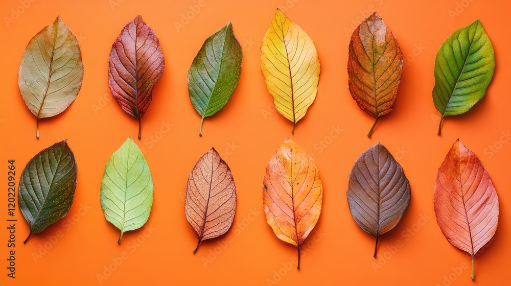 Aufkleber colorful autumn leaves arranged in rows on a bright orange background with copy space for text place