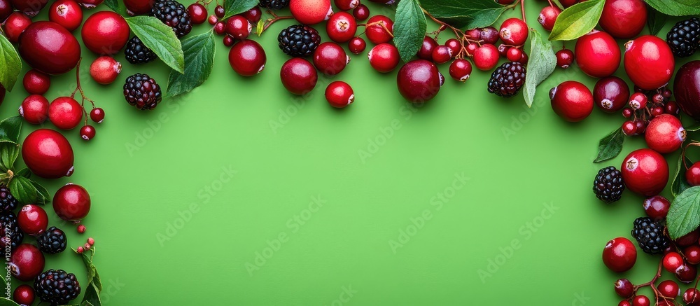Aufkleber colorful assortment of red berries and blackberries on a vibrant green background with copy space fo