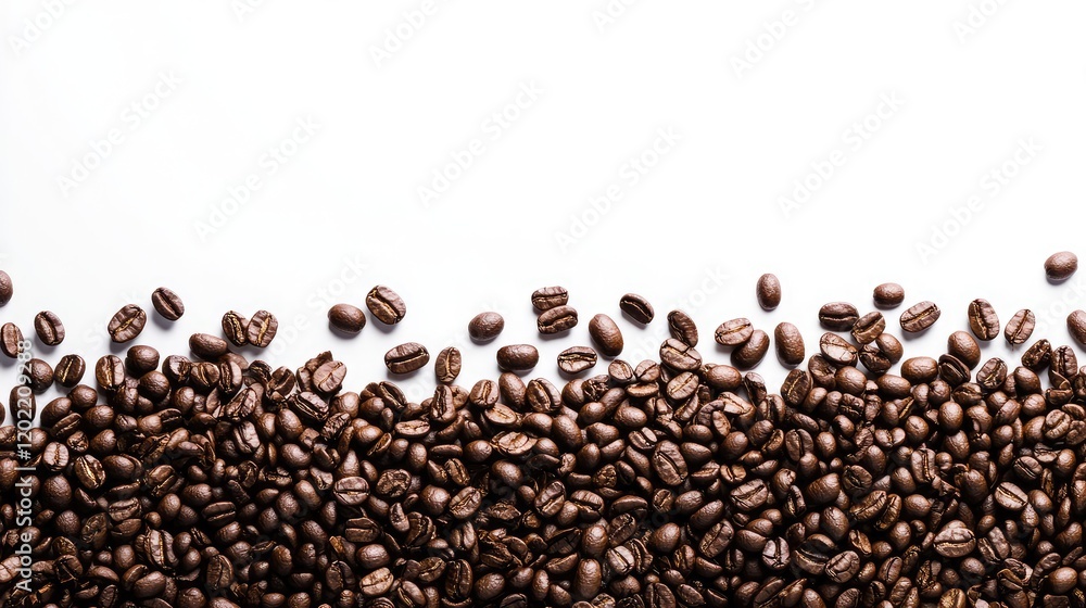 Poster Brown coffee beans scattered on a white background with copy space for text or design elements.