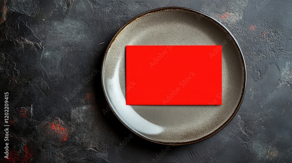 Poster Red rectangular card placed on a rustic ceramic plate with dark textured background and copy space for text display.
