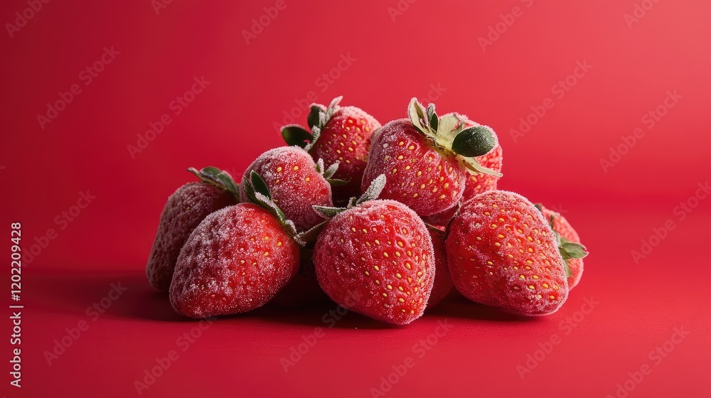 Poster freshly picked strawberries arranged on a red background with copy space for text placement.