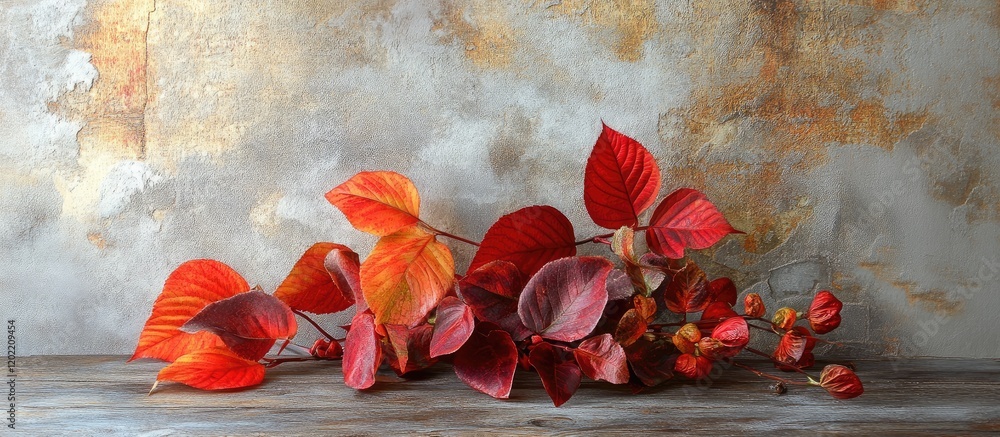 Aufkleber Autumn leaves composition on rustic wooden table with textured wall background and copy space for text placement