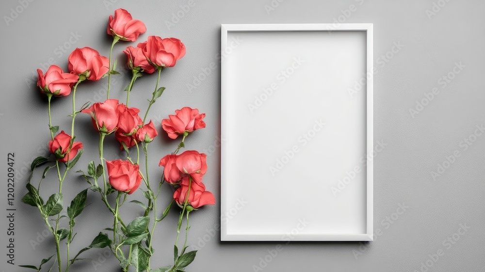 Poster roses arranged beside a blank frame on a grey background with copy space for text or design elements
